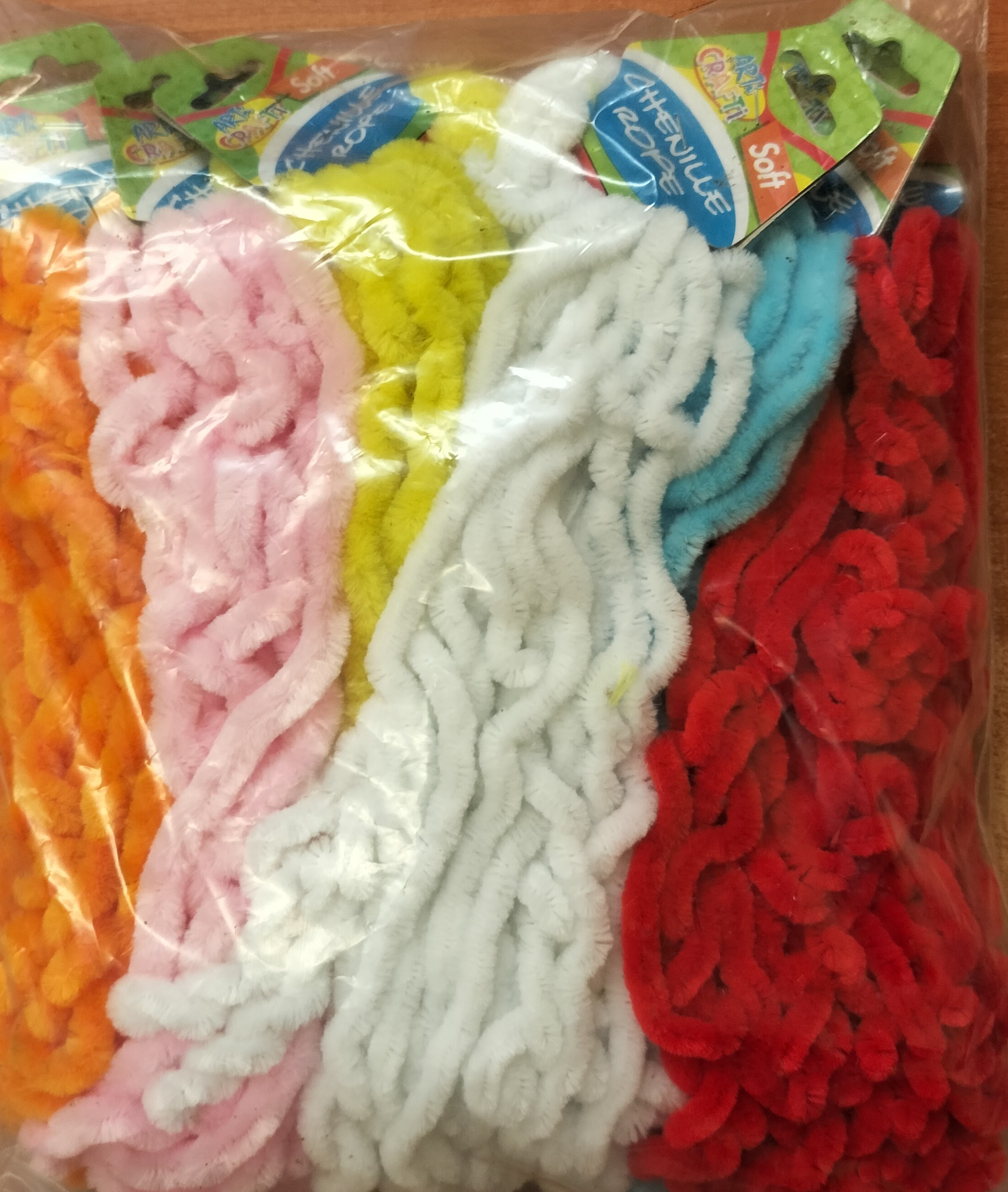Chenille Rope 8mm 6 Cols. X 8 mtr ea Blue,Pk,Or,Red,Wh,Yel.